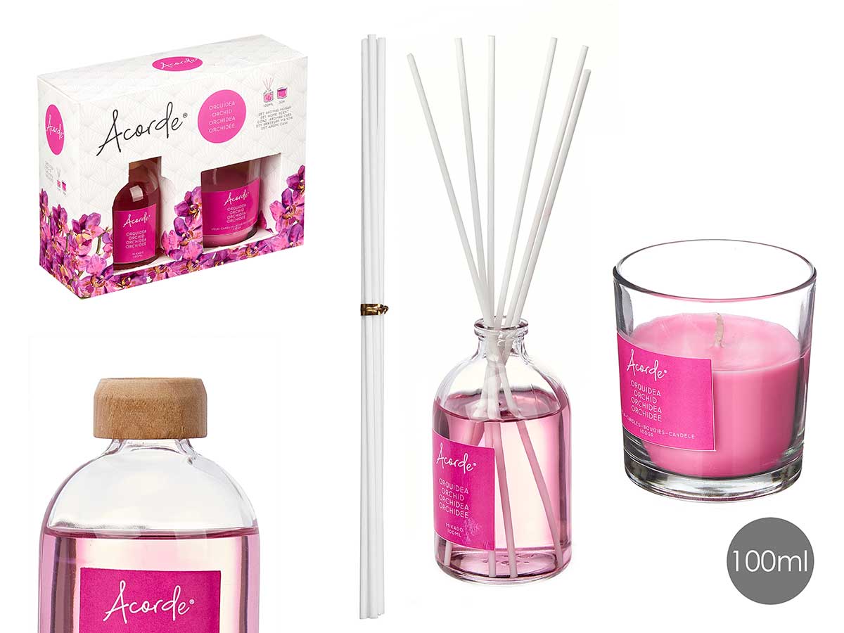Acorde gavesæt mikado 100ml stearinlys 30h Orkida blomst
