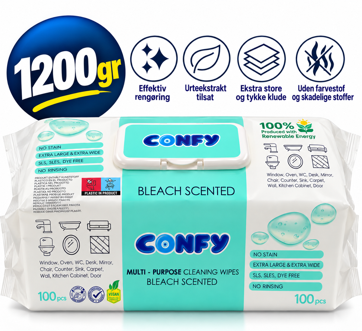 Confy XXL 100 Rengøringsklude – Bleach Scented – 100 stk. / 1200 g