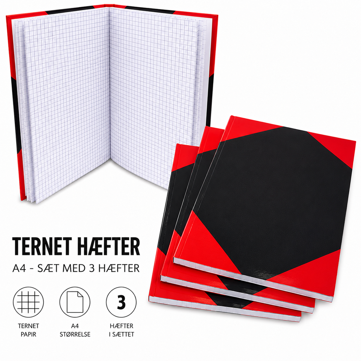 Hæfter A4, Hårdt Omslag – Ternet | Sæt med 3 Hæfter
