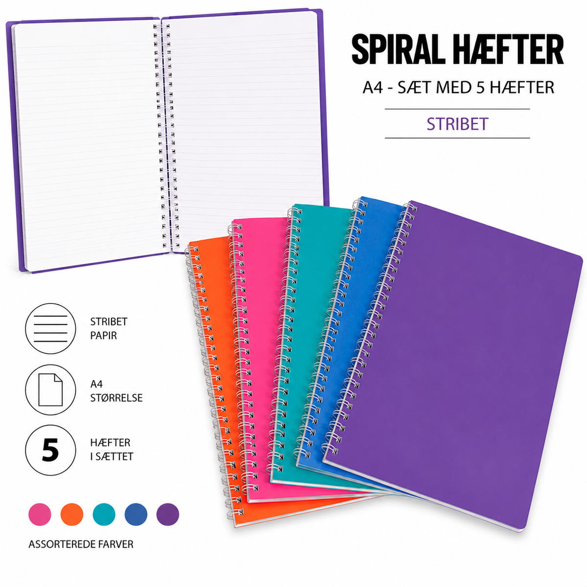 Spiralhæfter A4 – Stribet Papir | Sæt med 5 Hæfter (Assorterede Farver)