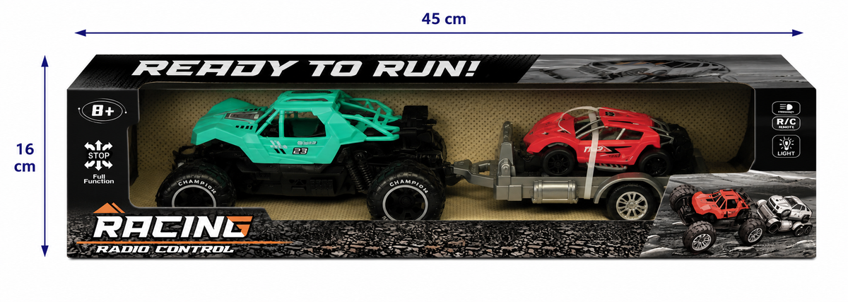 Fjernstyret Monster Truck med Trailer og Racerbil