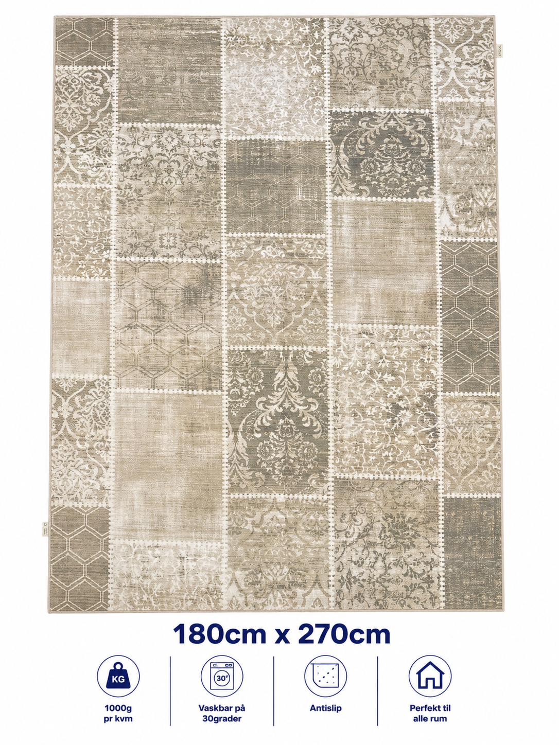 Stilrent tæppe 180x270 cm - Vintage Mosaic Beige