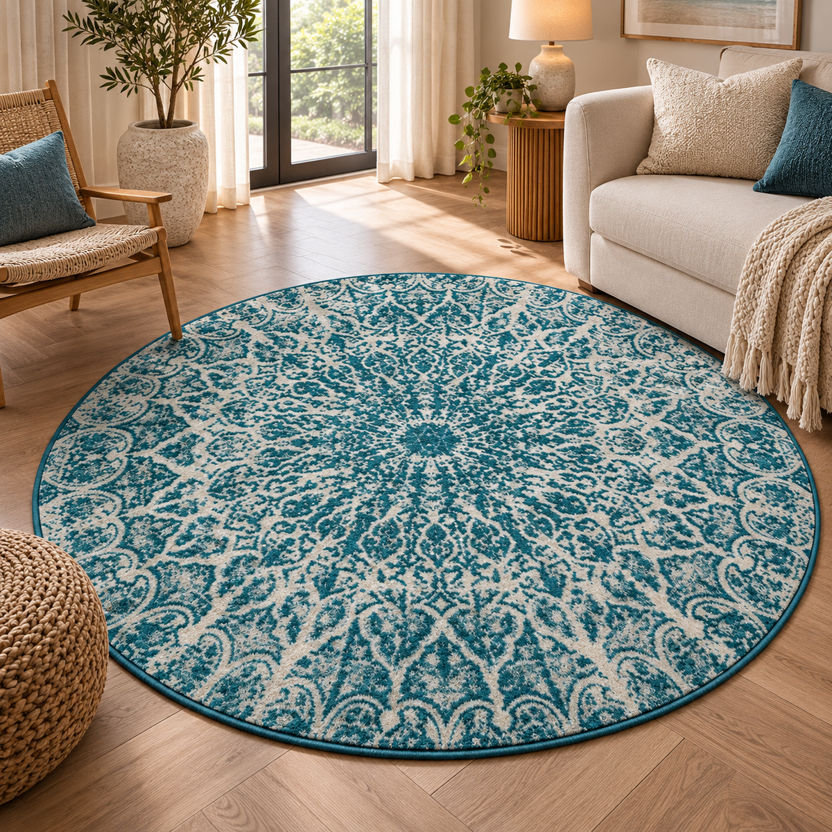 Turquoise Medallion Rundt Tæppe - 160×160 cm Turkis & Creme