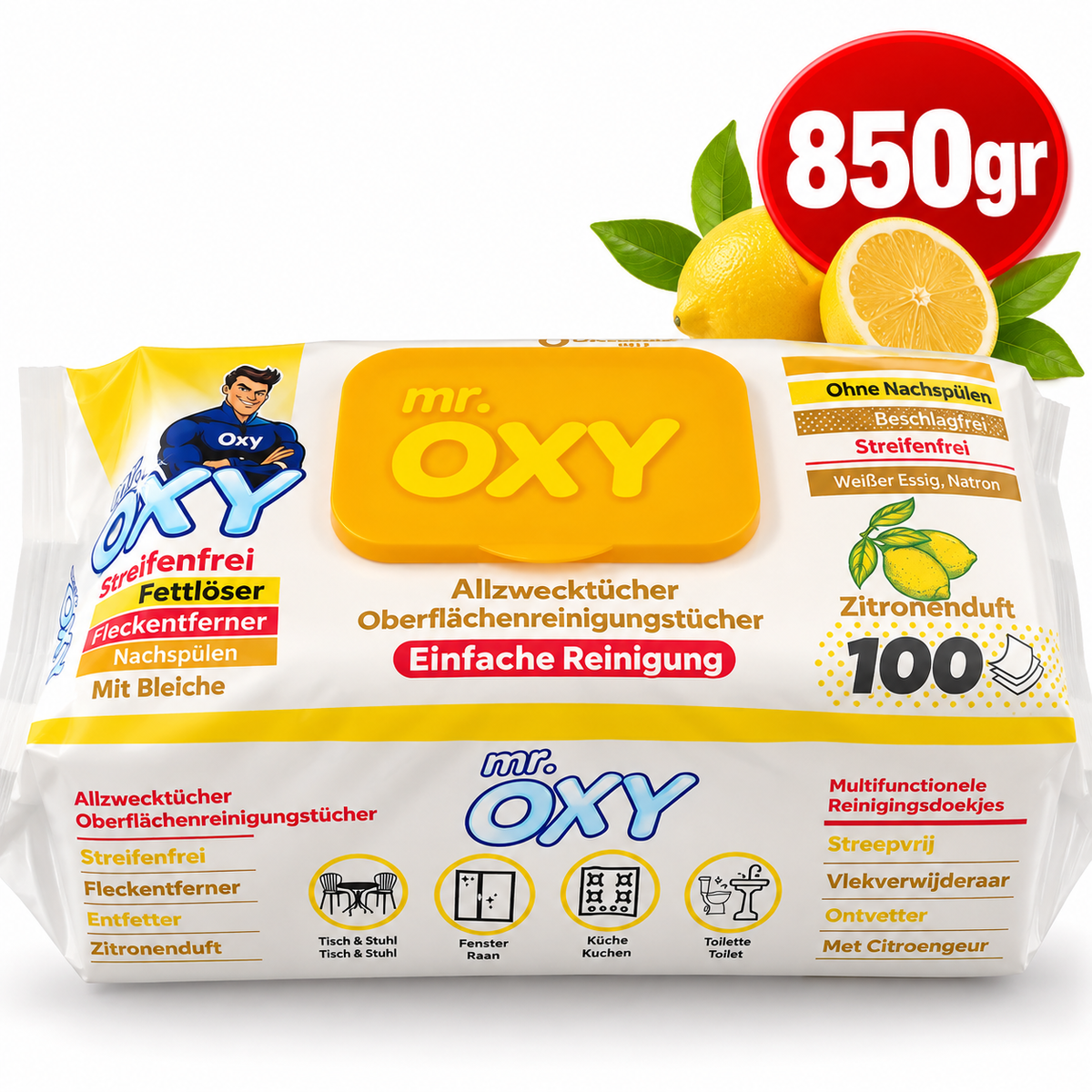 Mr. OXY XXL Rengøringsservietter – 100 stk. – 850 g – Citronduft