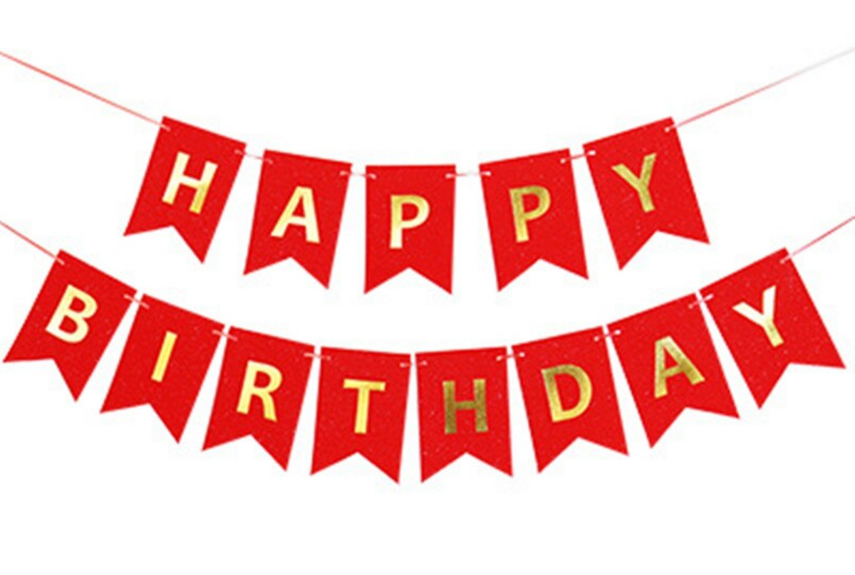 Happy Birthday banner med silkebånd - Rød med guld skrift