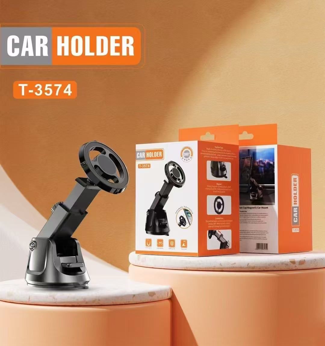 T-3574 – Premium 360° Bilholder med Kraftig Sugekop & Magnetisk Ringdesign