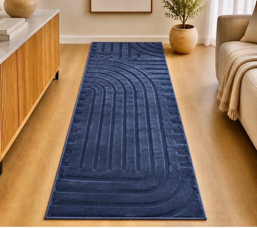 Velour Tæppe Løber 90x200 cm  Kaninhår Look – Mørkeblå