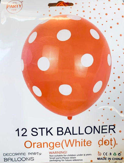 Its Party Time - Prikke balloner 12stk Orange med hvid 30cm - dullarstore.com