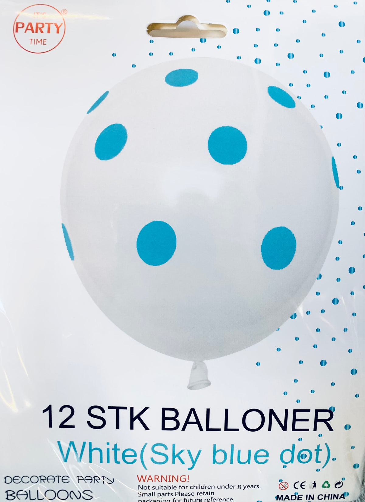 Its Party Time - Prikke balloner 12stk hvid med blå 30cm - dullarstore.com