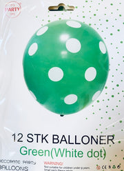Its Party Time - Prikke balloner 12stk Grøn med hvid 30cm - dullarstore.com
