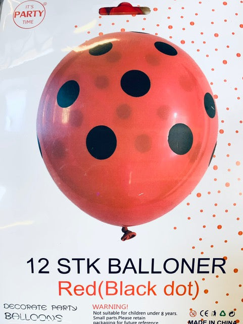 Its Party Time - Prikke balloner 12stk Rød med sort 30cm - dullarstore.com