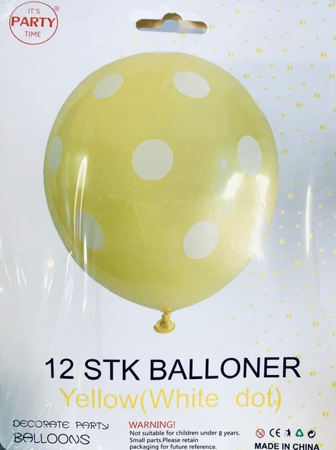 Its Party Time - Prikke balloner 12stk Gul med hvid 30cm - dullarstore.com
