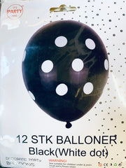 Its Party Time - Prikke balloner 12stk Sort med hvid 30cm - dullarstore.com
