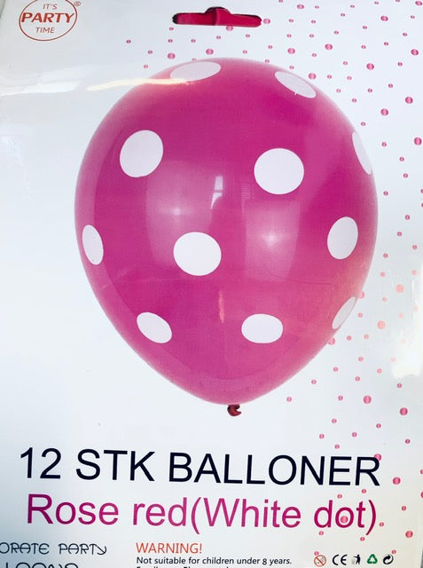 Its Party Time - Prikke balloner 12stk Rosenrød med hvid 30cm - dullarstore.com