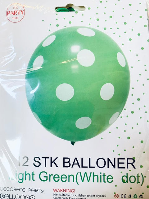 Its Party Time - Prikke balloner 12stk lysegrøn med hvid 30cm - dullarstore.com