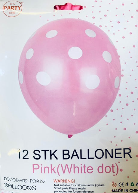 Its Party Time - Prikke balloner 12stk lyserød med hvid 30cm - dullarstore.com