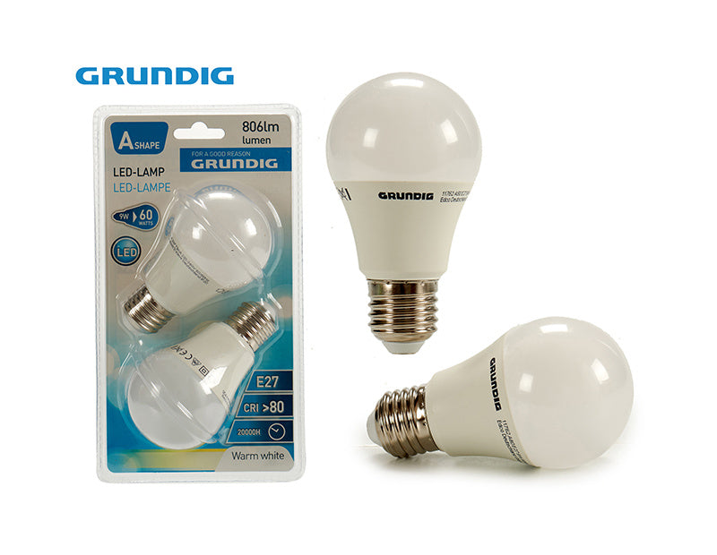 2 led lamp a60 e27 9w 806lm 3000k grundi