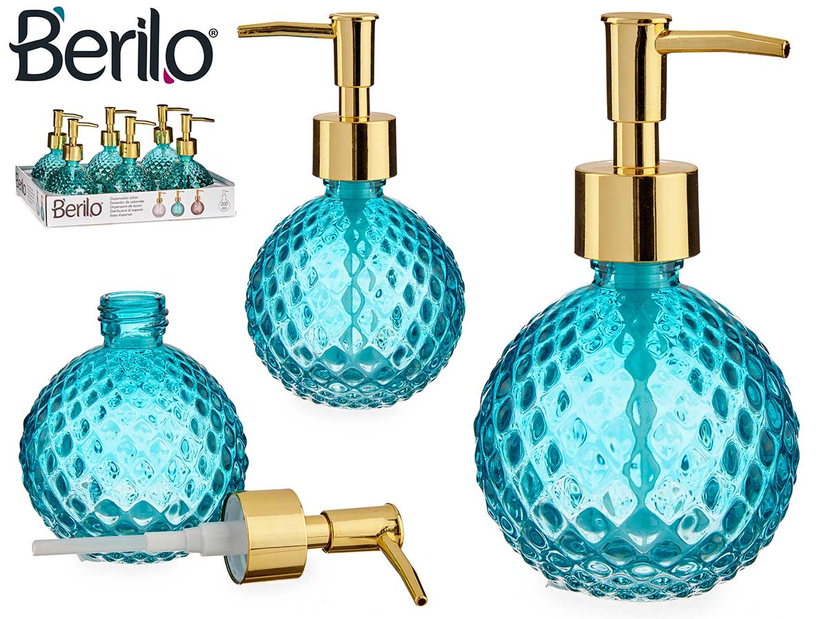 Berilo - Gold edition Sæbedispenser i hærdet glas 8,5 x 8,5 x 15 cm 200ml blå