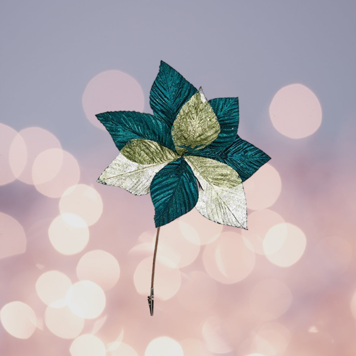 Stof Blomst På Klemme 33cm - Mørkegrøn & Guld Juleblomst