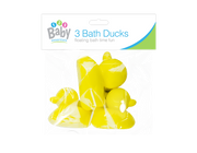 Denne pakke Bath Time Ducks indeholder tre plastænder i tre størrelser, der er fremstillet af sikre og ikke-giftige materialer. Hver and har en lys gul farve og vil hjælpe med at gøre badetiden mere behagelig for babyer og små børn.